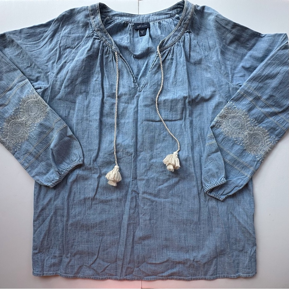 J. Jill blue denim tassels embroidered‎ long sleeve peasant top women’s medium